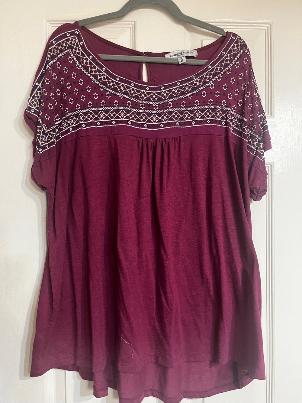 Tempted Hearts Burgundy Short Sleeve Embroidered Yoke Tunic